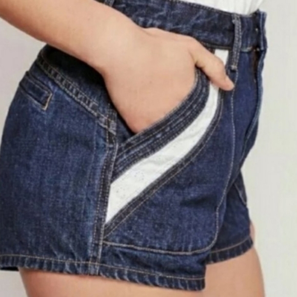 Free People Dark Wash White Eyelet Pockets Trim High Waisted Shorts - Picture 2 of 7